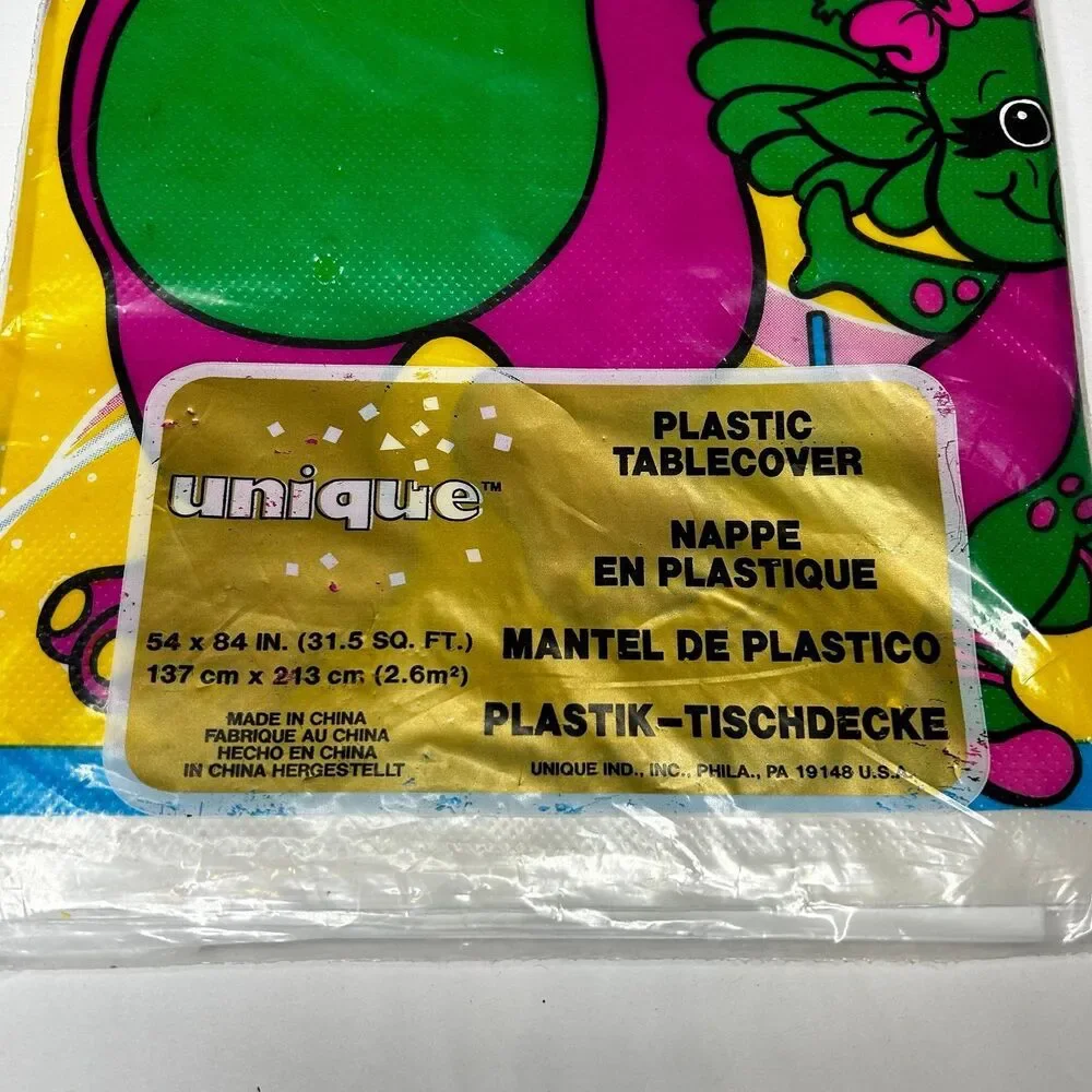 Vintage Barney and friends party plastic table cloth 90s 1990s 54“ x 84“